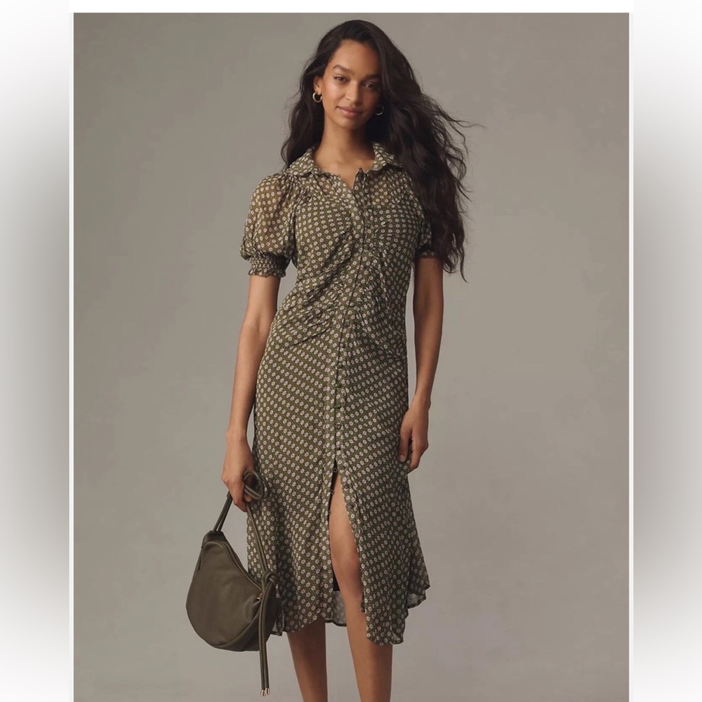 Anthropologie‎ Puff-Sleeve Ruched Mesh Midi Shirt Dress Size 14 NWT